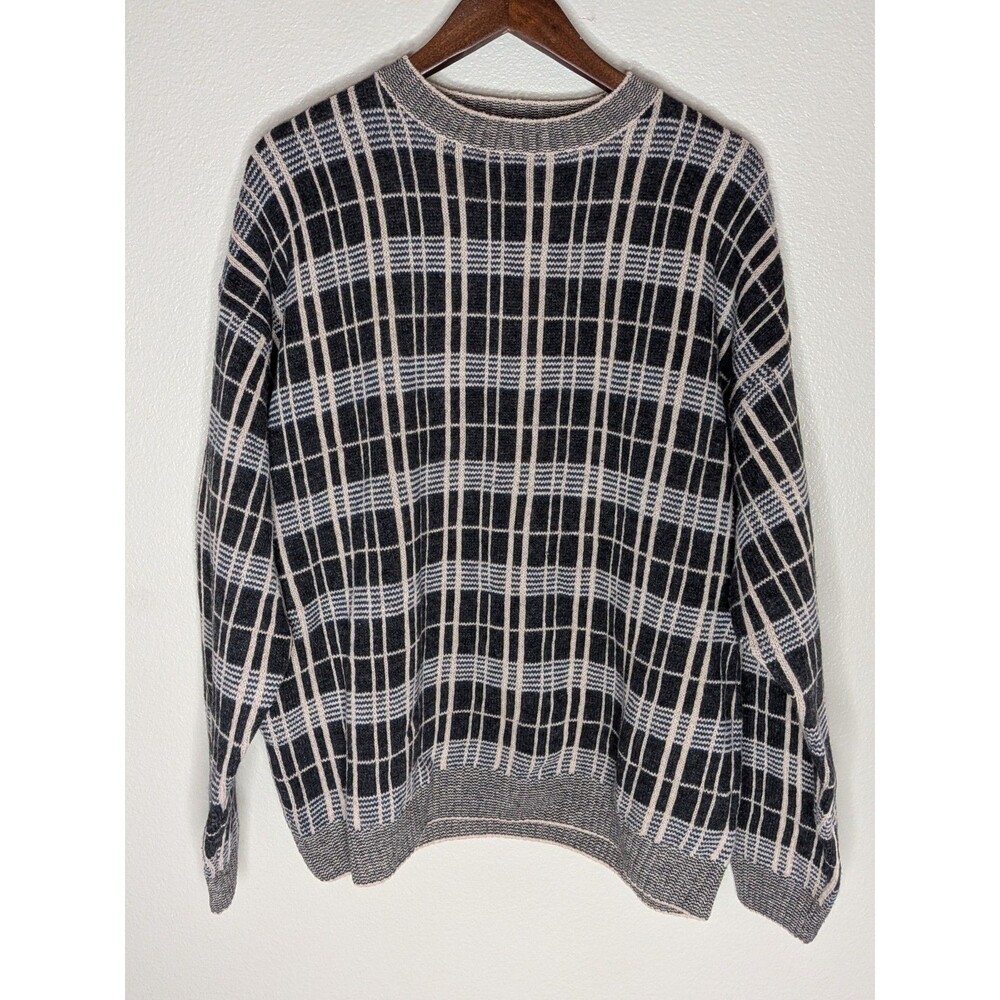 Vintage J.J. Farmer Men’s L 100% Pure Wool Plaid Sweater Made Hong Kong